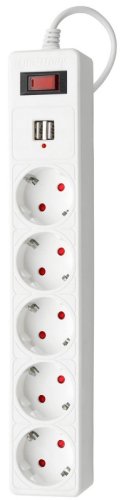 Сетевой фильтр с заземлением Smartbuy 5-м+2USB тип A+A 1,8м 10А 2200В белый картинка 
